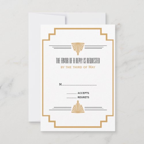 Monogram Black Gold and White Art Deco Wedding RSVP Card