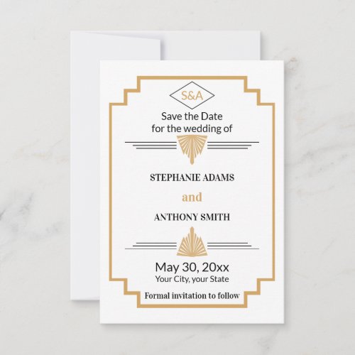 Monogram Black Gold and White Art Deco Wedding Save The Date