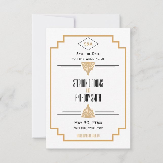 Monogram Black, Gold and White Art Deco Wedding Save The Date (Front)