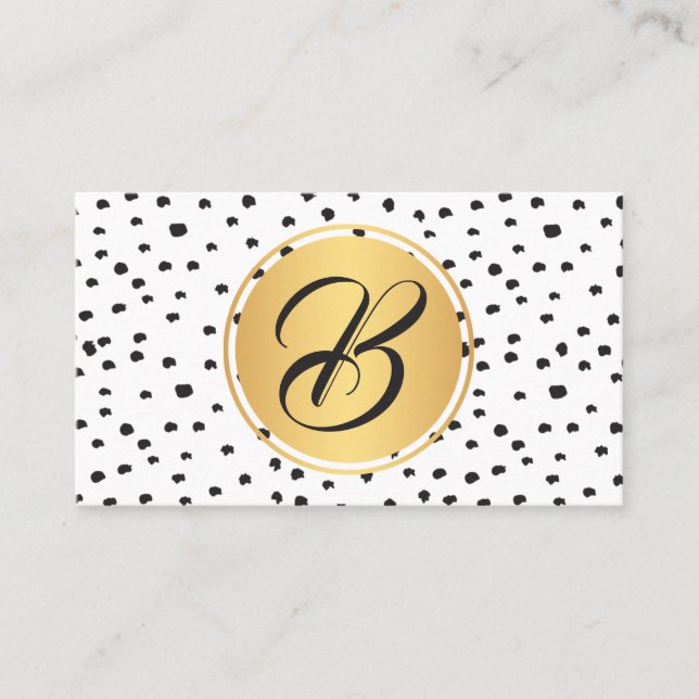 Monogram black, gold and white polka dots business card (Front)