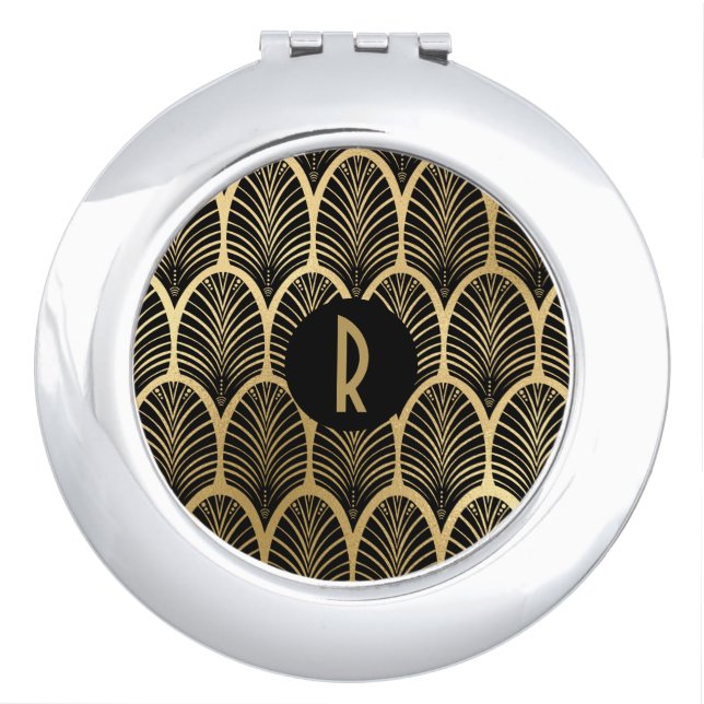 Monogram Black Gold Art Deco Gatsby Pattern Compact Mirror (Front)