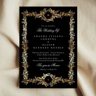 monogram black & gold botanical frame wedding invitation