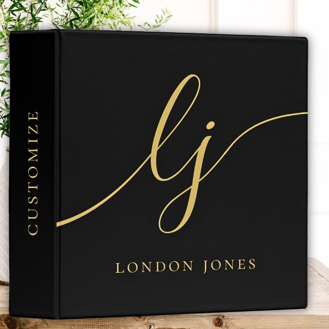 Monogram Black Gold Calligraphy Script 2 Initials 3 Ring Binder (Creator Uploaded)