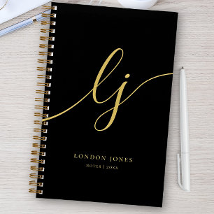 Monogram Black Gold Calligraphy Script 2 Initials Notebook