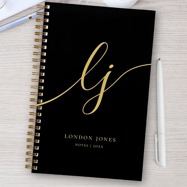 Monogram Black Gold Calligraphy Script 2 Initials Notebook (Creator Uploaded)