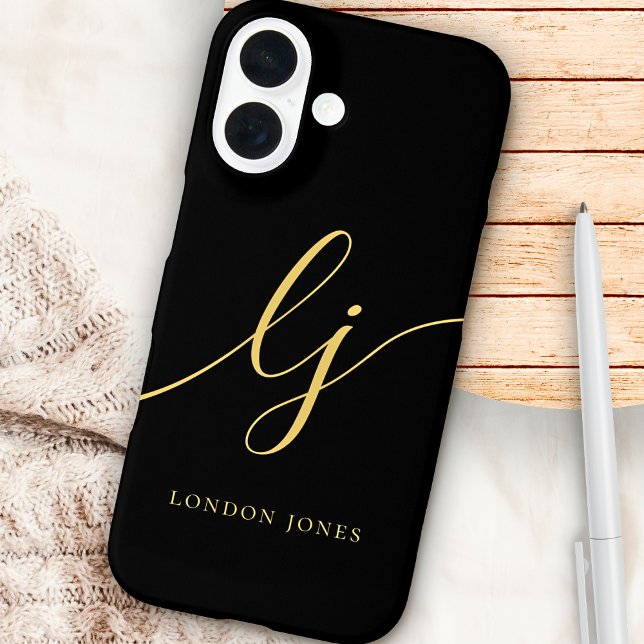 Monogram Black Gold Calligraphy Script Initials Case-Mate iPhone Case (Creator Uploaded)