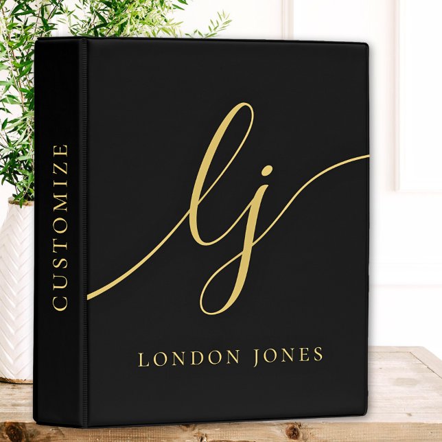 Monogram Black Gold Calligraphy Script Initials Mini Binder (Creator Uploaded)