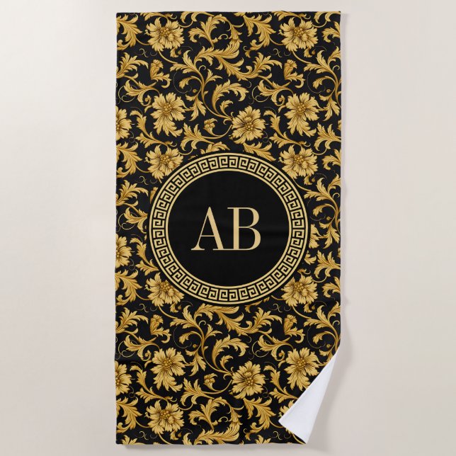 Monogram Black Gold Classy Elegant Pattern Beach Towel (Front)