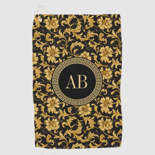 Monogram Black Gold Classy Elegant Pattern Golf Towel