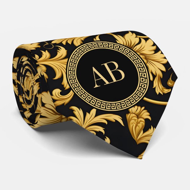 Monogram Black Gold Classy Elegant Pattern Neck Tie (Rolled)