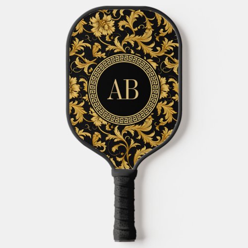 Monogram Black Gold Classy Elegant Pattern Pickleball Paddle