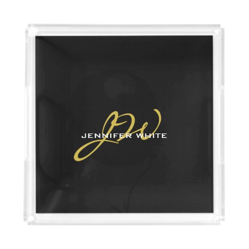 Monogram Black Gold Color Plain Modern Own Name Acrylic Tray