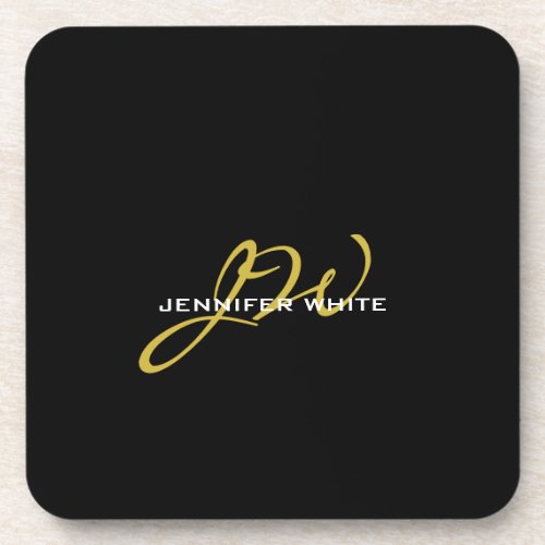 Monogram Black Gold Color Plain Modern Own Name Beverage Coaster