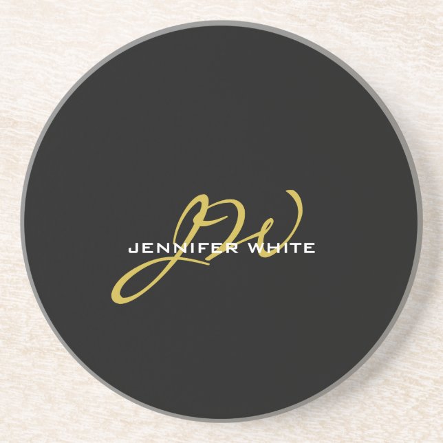 Monogram Black Gold Color Plain Modern Own Name Coaster (Front)