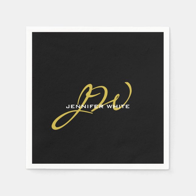 Monogram Black Gold Color Plain Modern Own Name Napkins (Front)