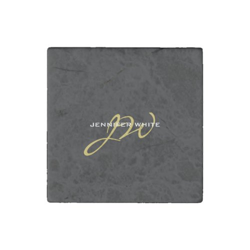 Monogram Black Gold Color Plain Modern Own Name Stone Magnet