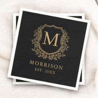 Monogram Black Gold Crest Botanical Wedding