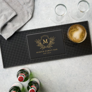 Monogram Black Gold Crest Family Name Bar Mat