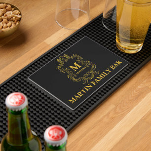 Monogram Black Gold Crest Family Name Bar Mat