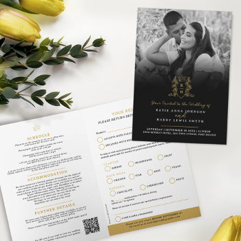 Monogram Black Gold Crown Wedding Meal Option Rsvp Invitation by mylittleedenweddings at Zazzle