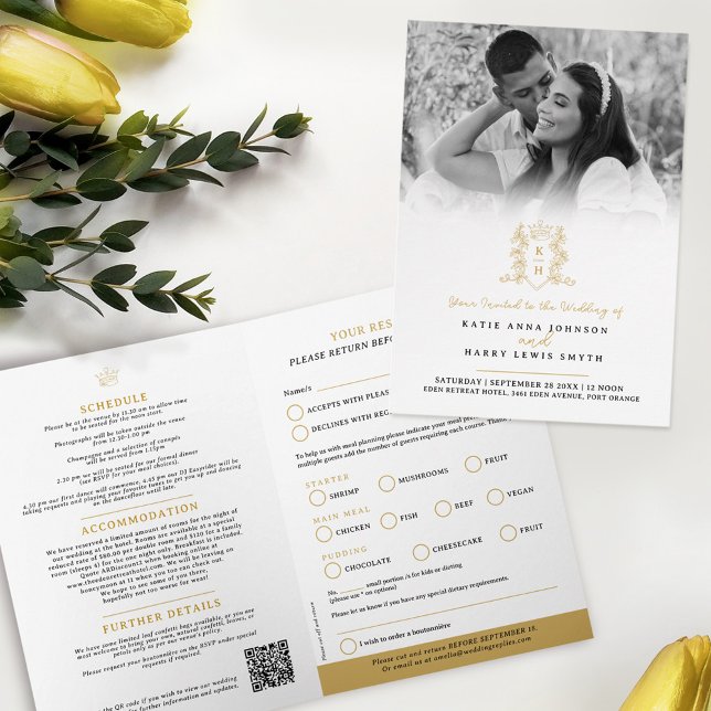Monogram black gold crown wedding meal option RSVP Invitation (Creator Uploaded)