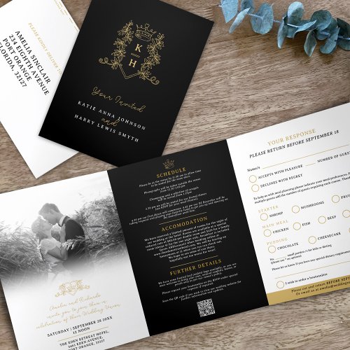 Monogram black gold crown wedding meal option RSVP Tri_Fold Invitation