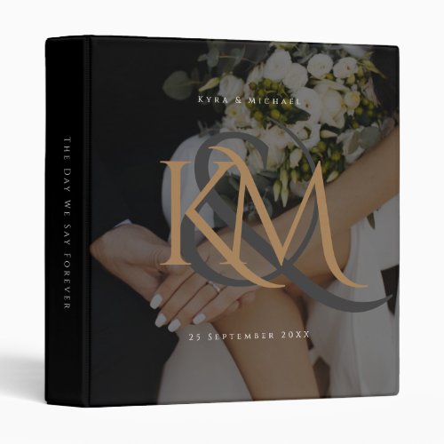 Monogram Black Gold Custom Photo Wedding Album 3 Ring Binder