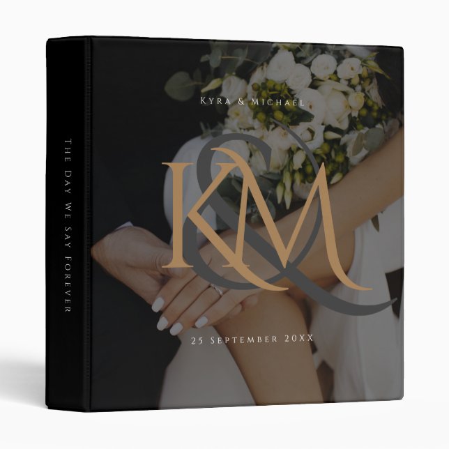 Monogram Black Gold Custom Photo Wedding Album 3 Ring Binder (Front/Spine)