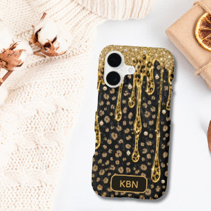 Monogram Black Gold Dripping Glitter Glam Bling iPhone 17 Case