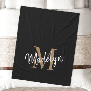 Monogram Black Gold Elegant Feminine Chic Script Fleece Blanket