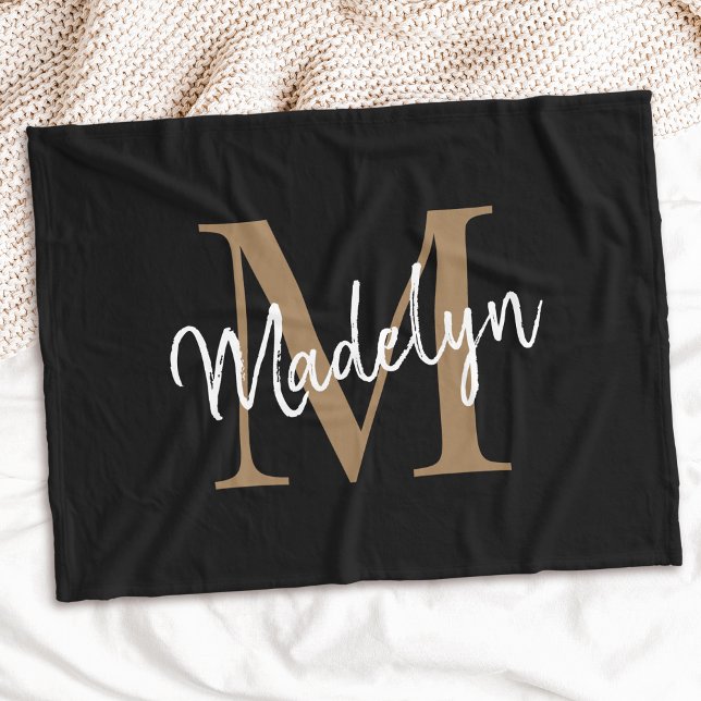Monogram Black Gold Elegant Feminine Chic Script Fleece Blanket (Creator Uploaded)