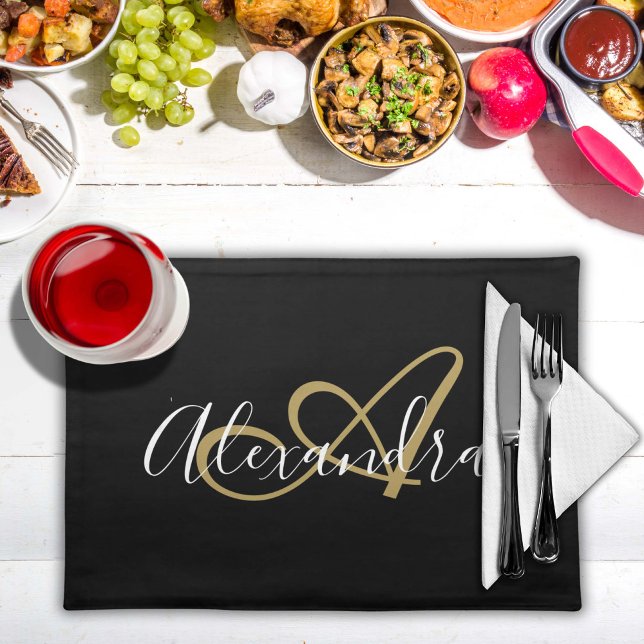 Monogram Black Gold Elegant Script Name Cloth Placemat (Monogram Black Gold Elegant Script Name Cloth Placemat)