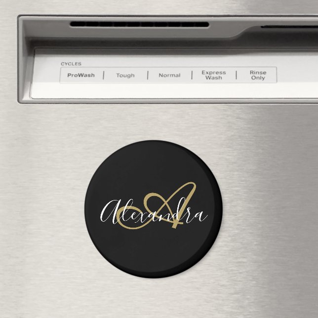 Monogram Black Gold Elegant Script Name Magnet (In Situ (Dishwasher))