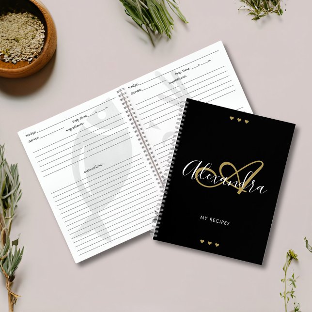 Monogram Black Gold Elegant Script Name Recipe Notebook (monogram recipe notebook)