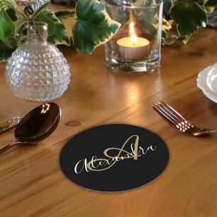 Monogram Black Gold Elegant Script Name Round Paper Coaster