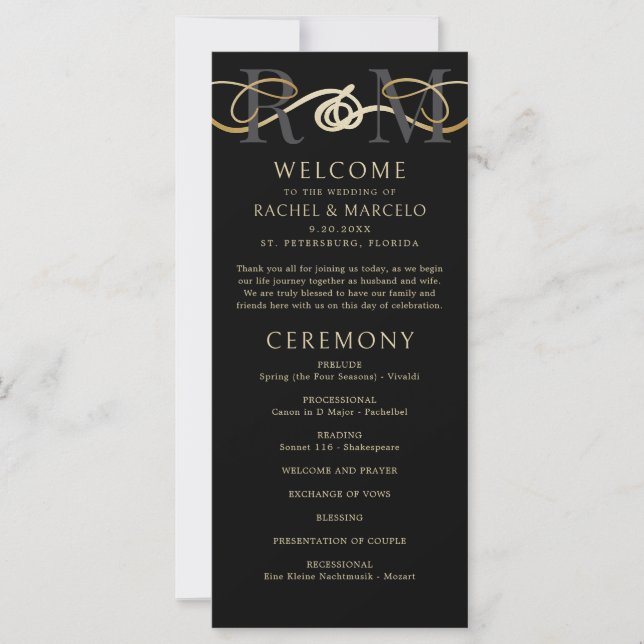 Monogram Black Gold Elegant Wedding Program (Front)