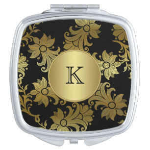 Monogram Black, Gold Floral Brocade LOOK Compact Makeup Mirror