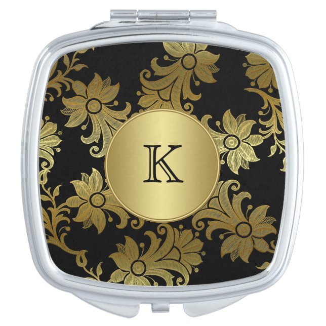 Monogram Black, Gold Floral Brocade LOOK Compact Makeup Mirror (Front)