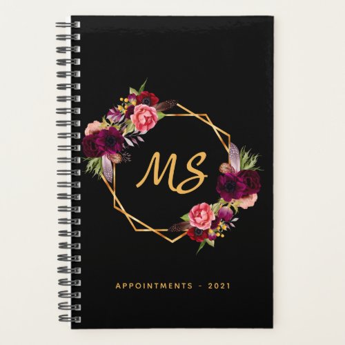 Monogram black gold geometric burgundy floral planner