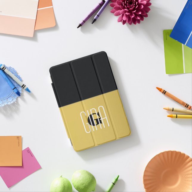 Monogram Black & Gold Girly Pretty Initial  iPad Mini Cover (In Situ)