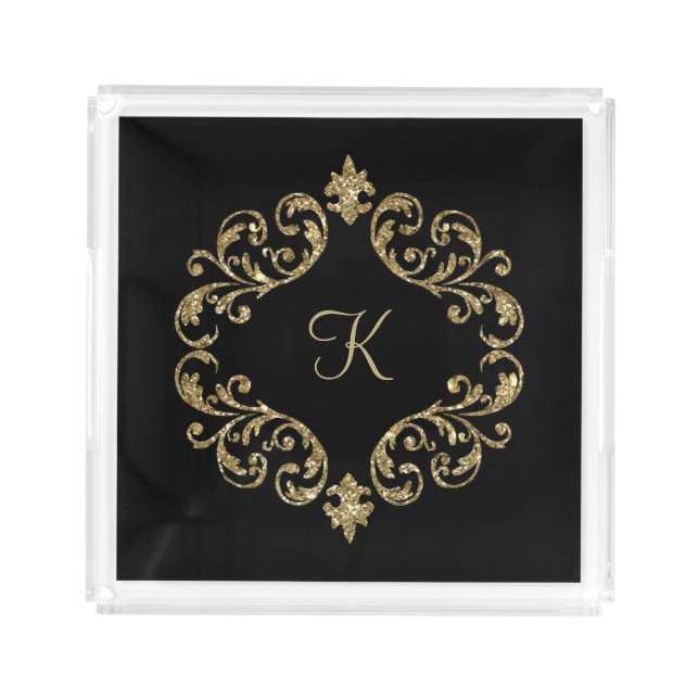 Monogram Black Gold Glitter Damask Flourish Swirl  Acrylic Tray (Front)
