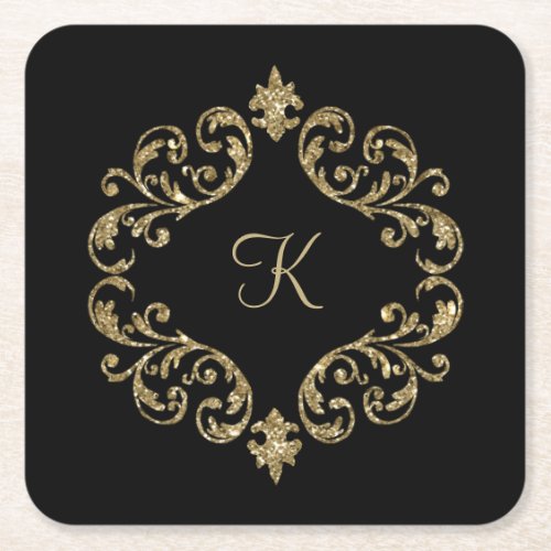 Monogram Black Gold Glitter Damask Flourish Swirl Square Paper Coaster