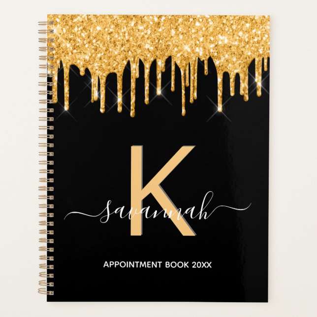 Monogram black gold glitter drips 2021 planner (Front)