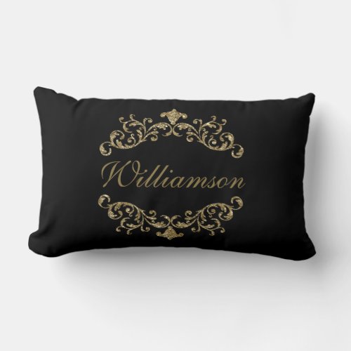 Monogram Black Gold Glitter Flourish Damask Ornate Lumbar Pillow