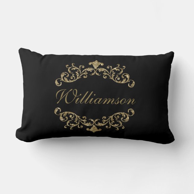 Monogram Black Gold Glitter Flourish Damask Ornate Lumbar Pillow (Front)