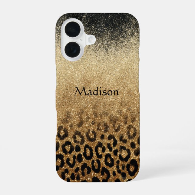 Monogram Black Gold Glitter Leopard Print Iphone Case (Back)