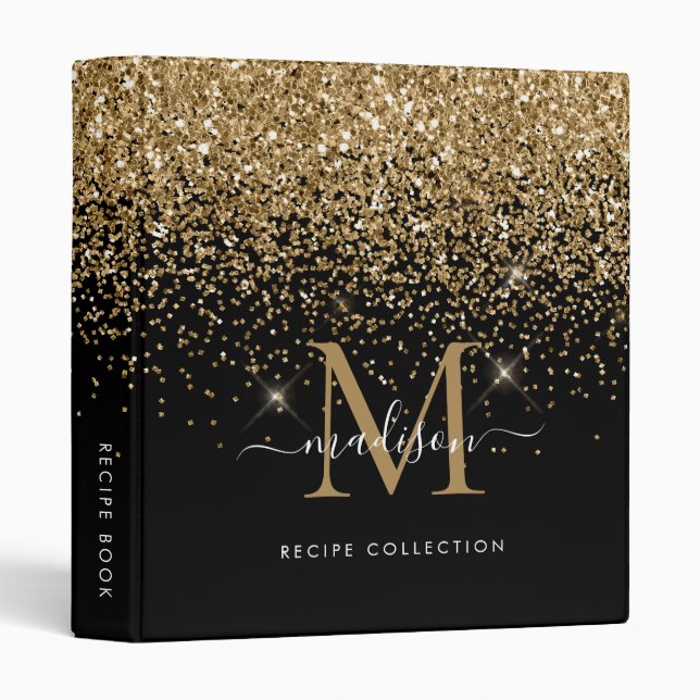 Monogram Black Gold Glitter Script Name Recipe 3 Ring Binder (Front/Spine)
