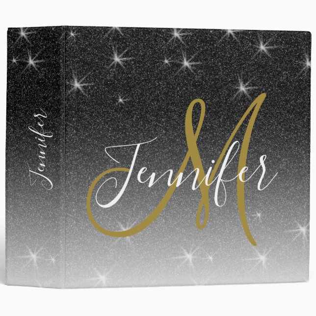 Monogram Black Gold Glitter Sparkles Script Name 3 Ring Binder (Front/Spine)