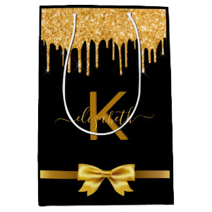 Monogram black gold glitter thank you favor medium gift bag
