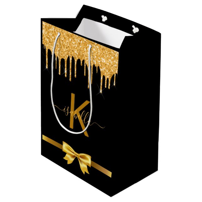 Monogram black gold glitter thank you favor medium gift bag (Back Angled)